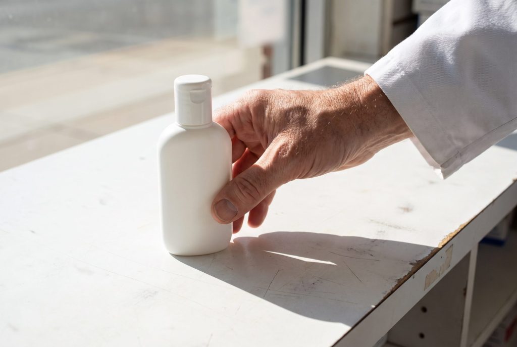A pharmacist's hand sets a plain white lotion bottle on a sunlit pharmacy counter