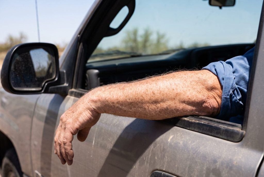 An older man's sun-weathered, freckled forearm rests on the open driver's window of a pickup truck