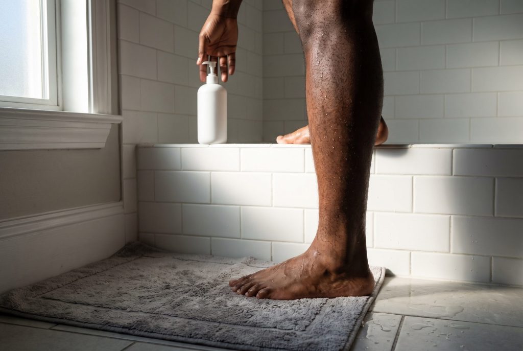 A man with wet legs steps onto a bath mat and reaches for a plain white pump bottle of lotion
